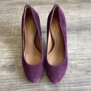 Coach round toe purple suede 3” heels in size 7.5